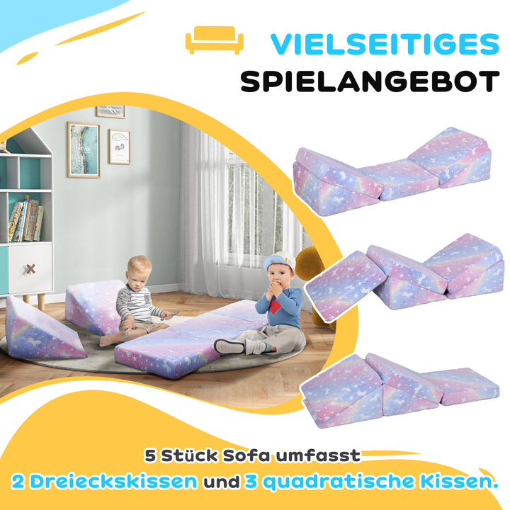 5-Delt modulært børnesofasæt med trappe og madras, pony- og stjernemønster, selvlysende, lyserød