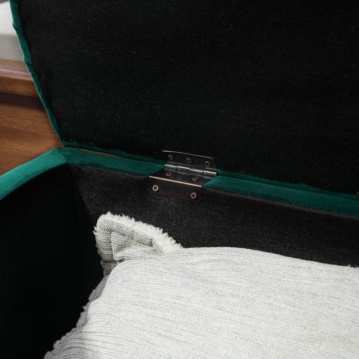 Opbevaringspuf, polstret, softclose-låg, fløjlslook, 120 x 46 x 42 cm, mørkegrå