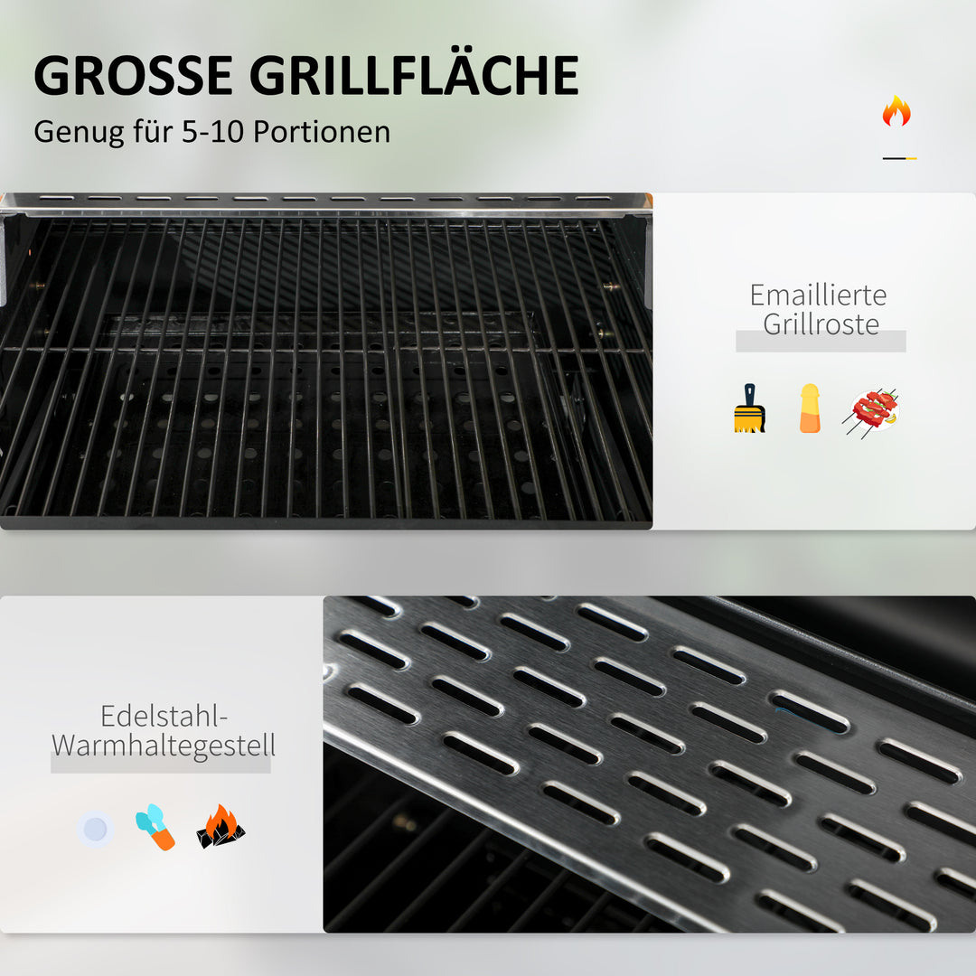 Trækulsgrill med rygeovn, inklusive termometer og flaskeåbner, 120 x 64 x 114 cm, sort