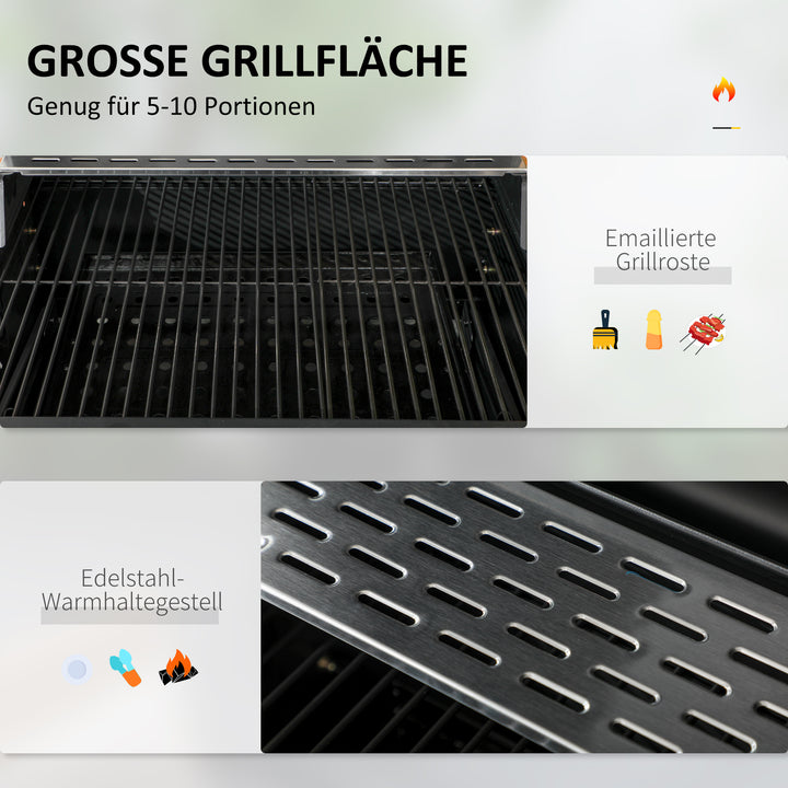 Trækulsgrill med rygeovn, inklusive termometer og flaskeåbner, 120 x 64 x 114 cm, sort