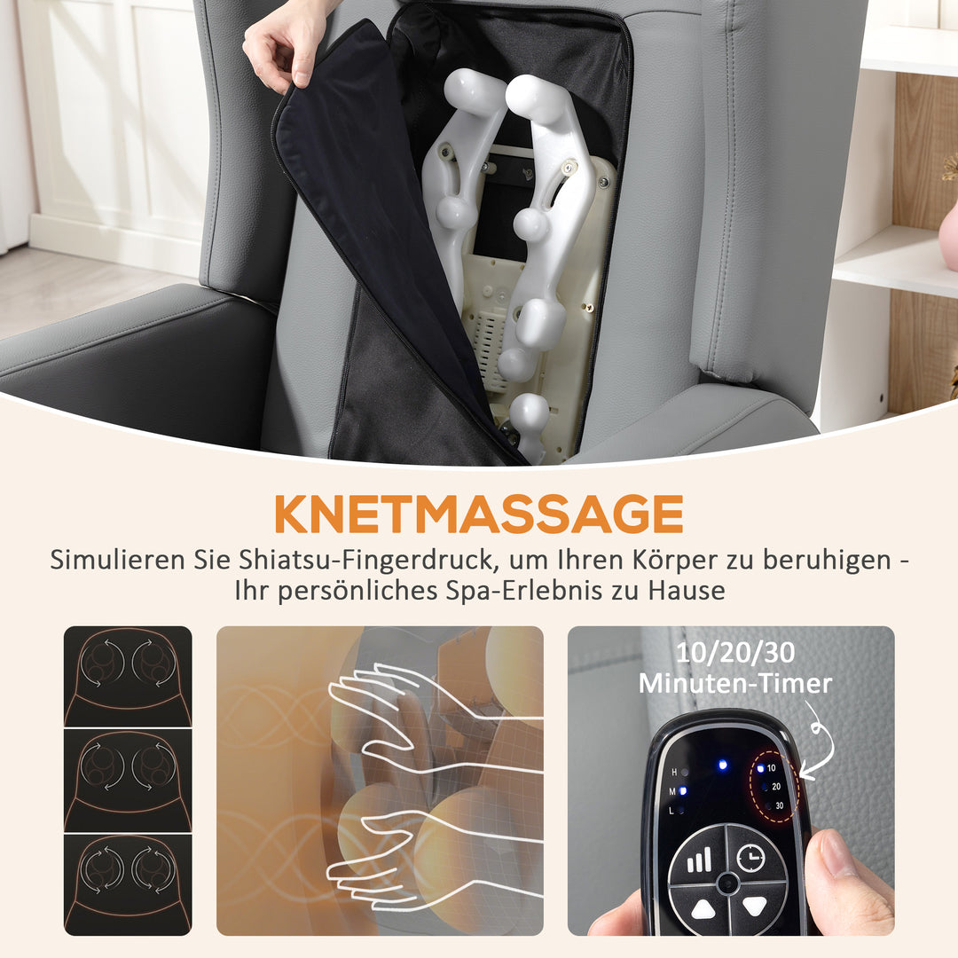 Massagestol med lænefunktion, kunstlæder, elektrisk justerbar, fodstøtte, sidelomme, stålstel, grå