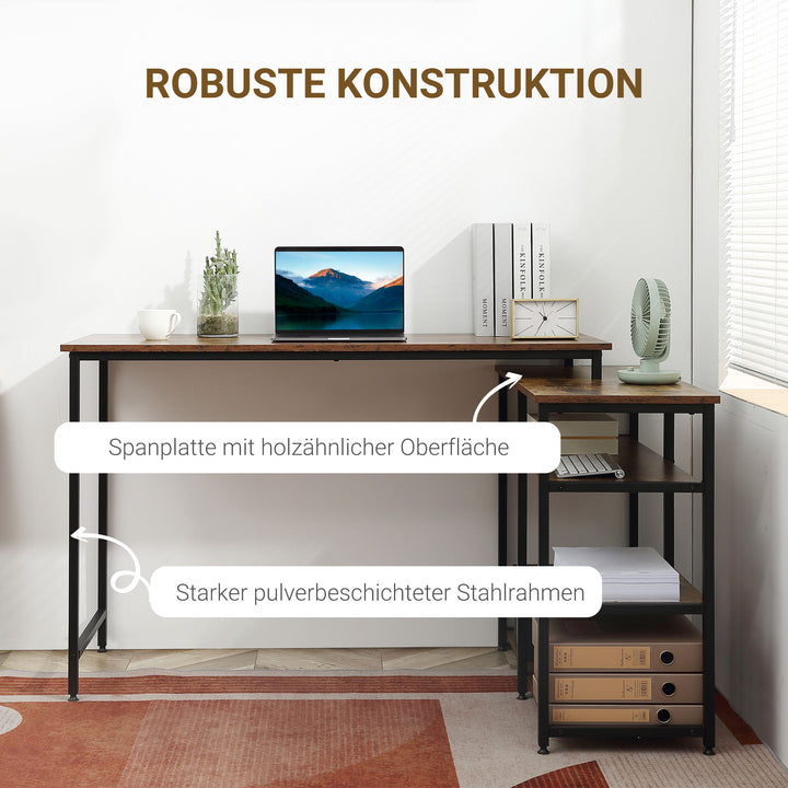Hjørnebord vinkelbord pc-bord computerbord kontorbord hylde skuffe l-formet spånplade metal rustik brun 135 x 90 x 79 cm
