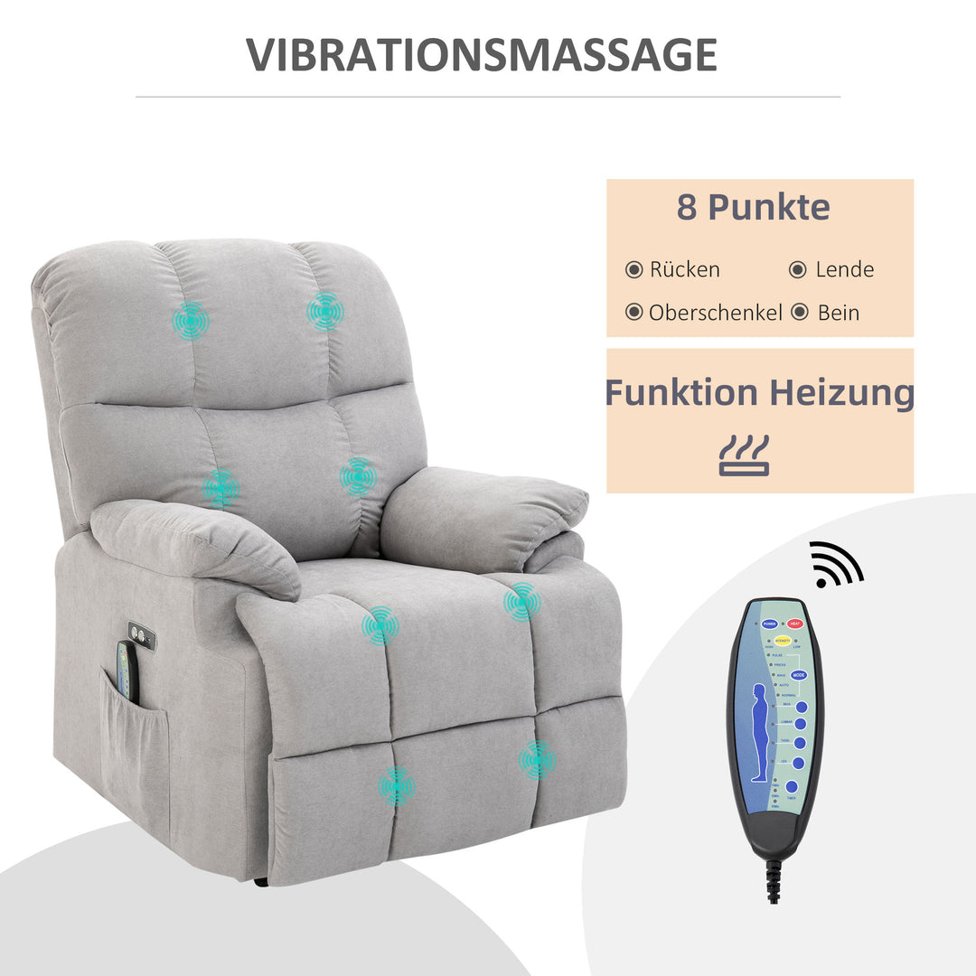 Lænestol med løftehjælp, massagestol, lænestol med USB-port, TV-stol med fjernbetjening, sidelomme, TV-lænestol med fløjlslook, grå