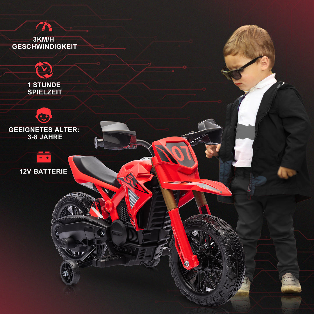 Elmotorcykel til børn, 6v batteridrevet, støttehjul, horn, startlyd, alder 3-8, rød