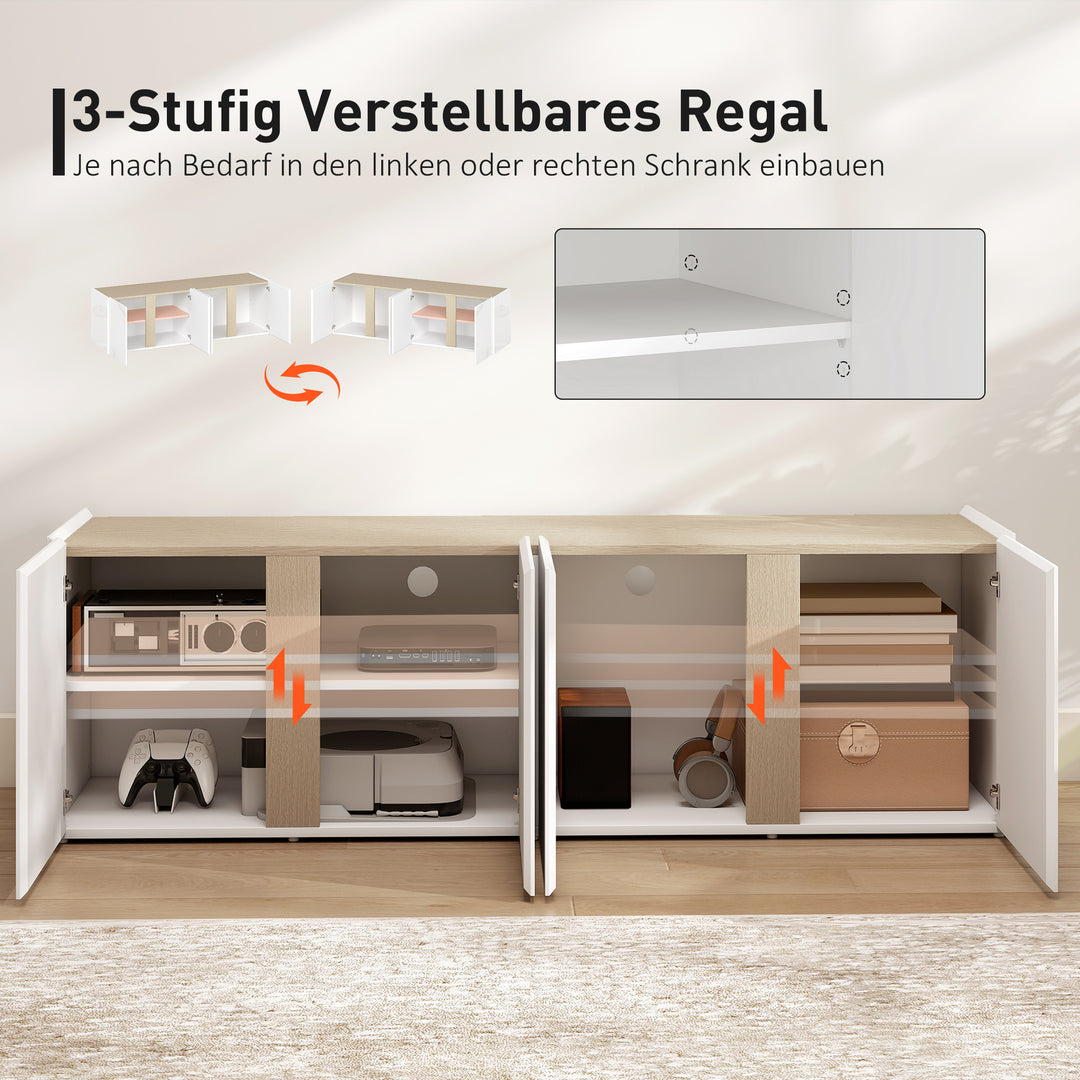 Tv-bord til 65-tommer, tv-skab med soft-close-døre, justerbare hylder, kabelhuller, til stue, hvid