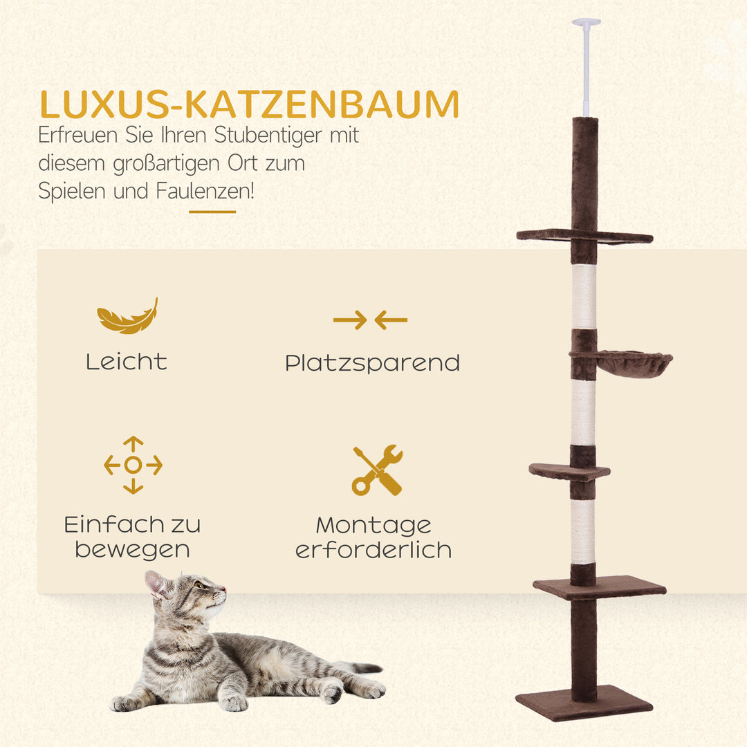 Kradsetræ med loftshøjdejusterbar, robust kradsetræ med sisalstolper, klatretræ til katte, brunt, 40 x 34 x 230-260 cm