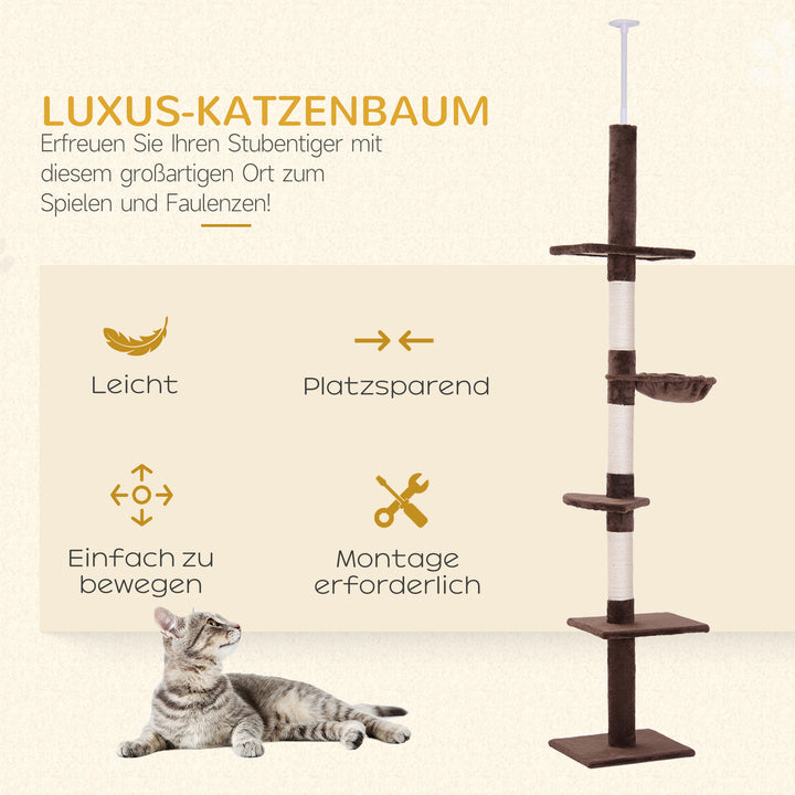 Kradsetræ med loftshøjdejusterbar, robust kradsetræ med sisalstolper, klatretræ til katte, brunt, 40 x 34 x 230-260 cm