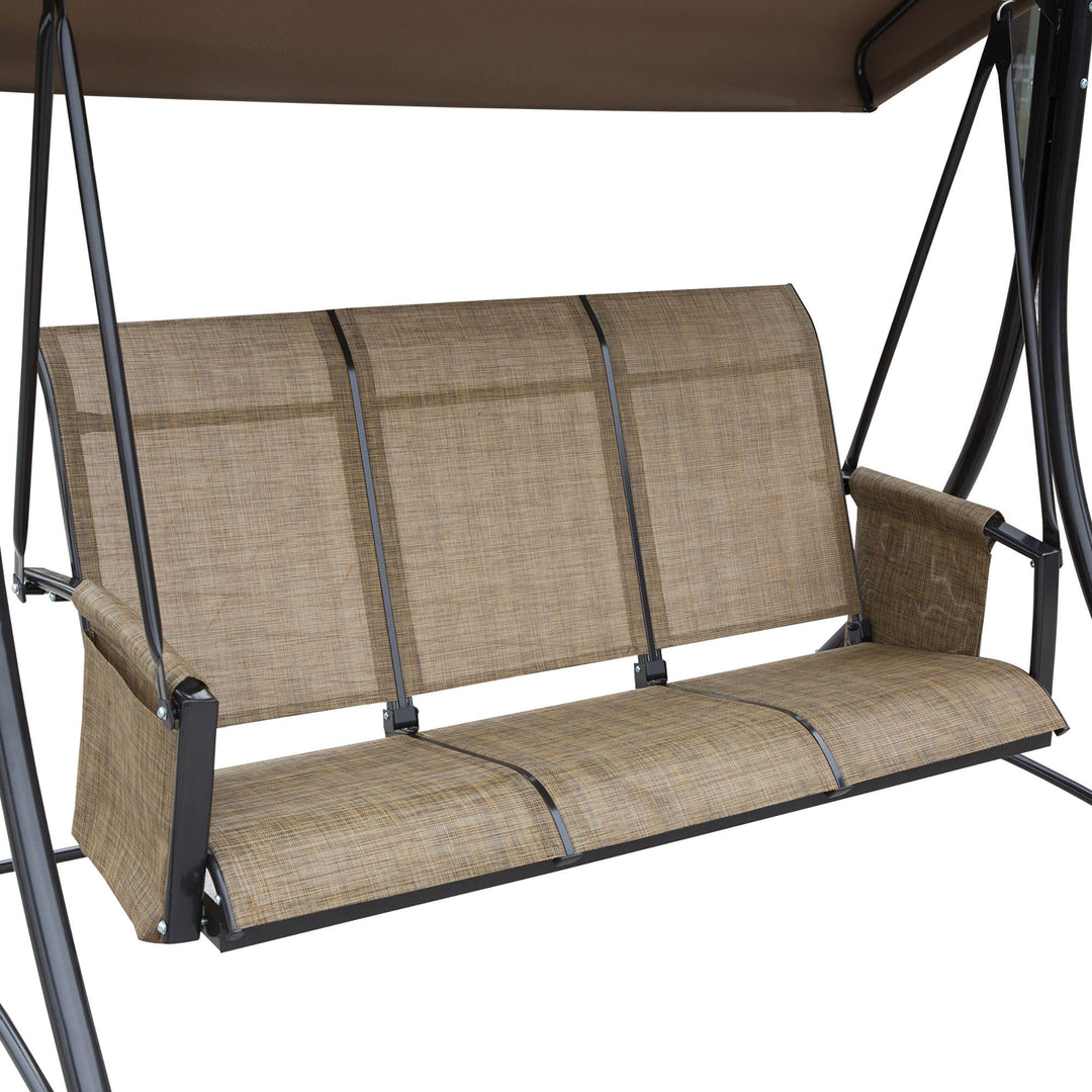 3-Personers verandagynge, havegynge med soltag, gyngebænk med opbevaring, aluminium, 196 x 128 x 172 cm, brun