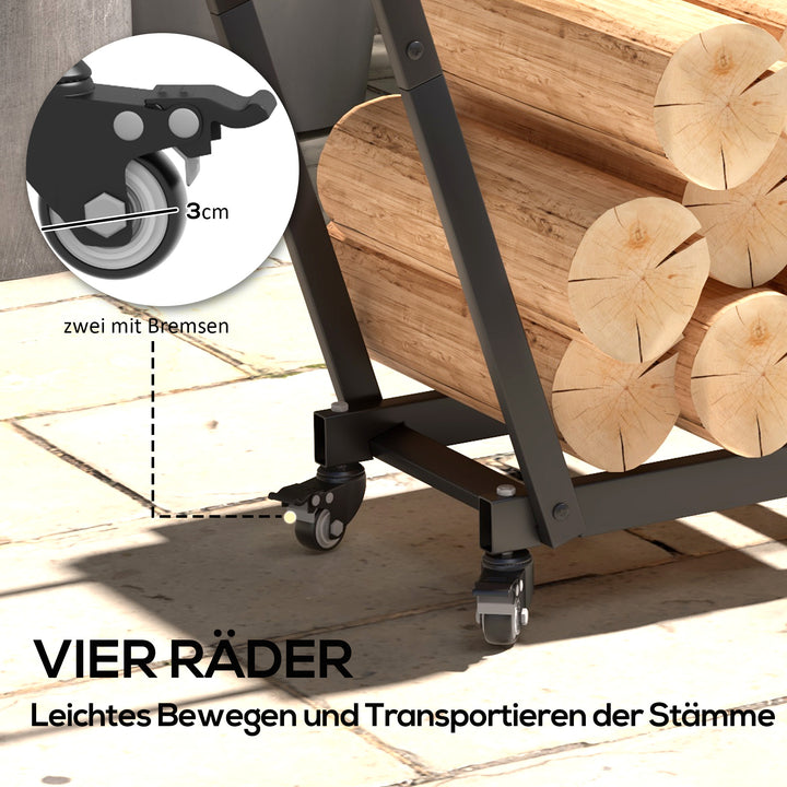 Brændereol, trapezformet design, pulverlakeret metal, mobil med hjul, 79 x 30 x 81 cm, sort