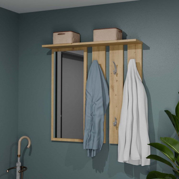 Knagerække med hylde og spejl, naturfarvet