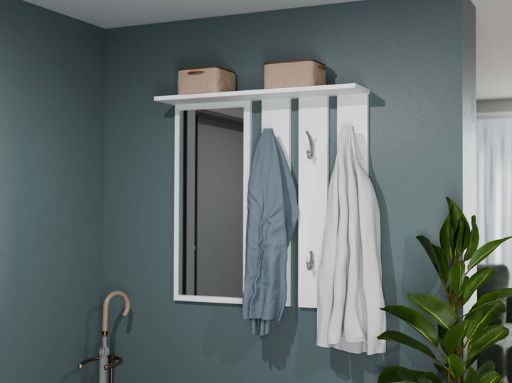 Knagerække med hylde og spejl, mat hvid