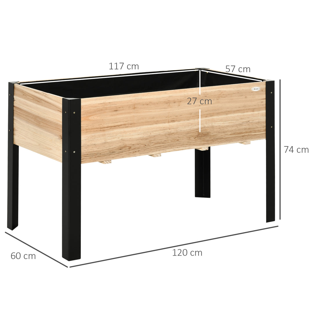 Hævet havebed, plantekasse, blomsterkasse, blomsterpotte, urtehave med fiberdug, massivt træ, stål, natur og sort, 120 x 60 x 74 cm