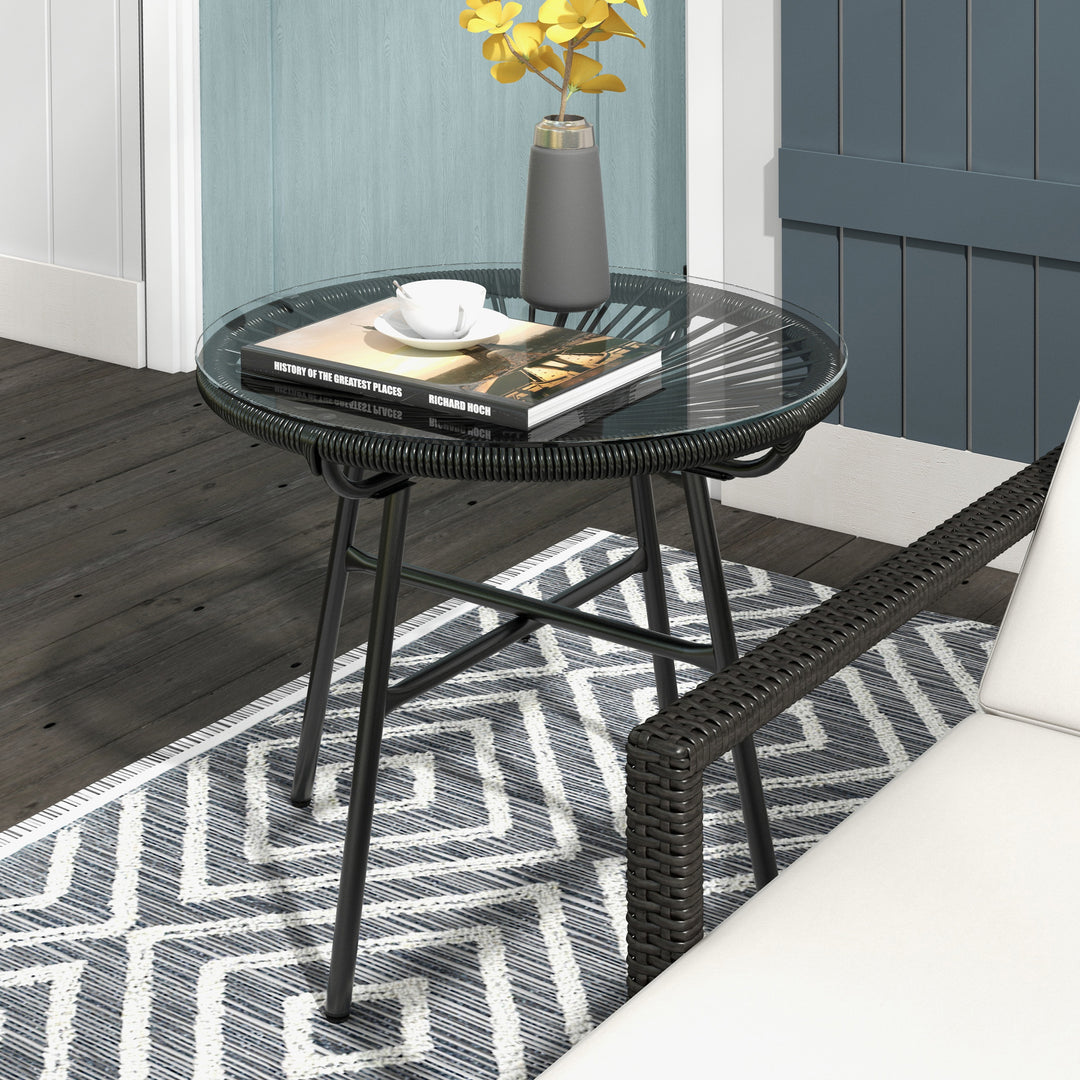Havebord i bohemestil, udendørs sidebord, PE-rattan, hærdet glas, vejrbestandig, 50 cm x 50 cm x 50 cm, sort