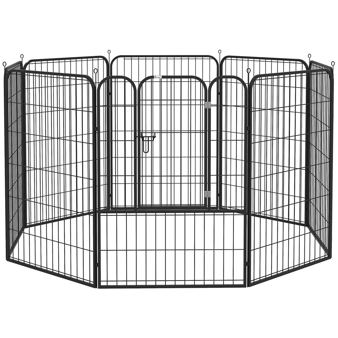 Hvalpegård, sæt med 8 dele, 100 cm høj, hvalpegård med aflåselig dør, 8 stålnetpaneler, hundegård, udendørs indhegning til store hunde, til indendørs og udendørs brug, grå