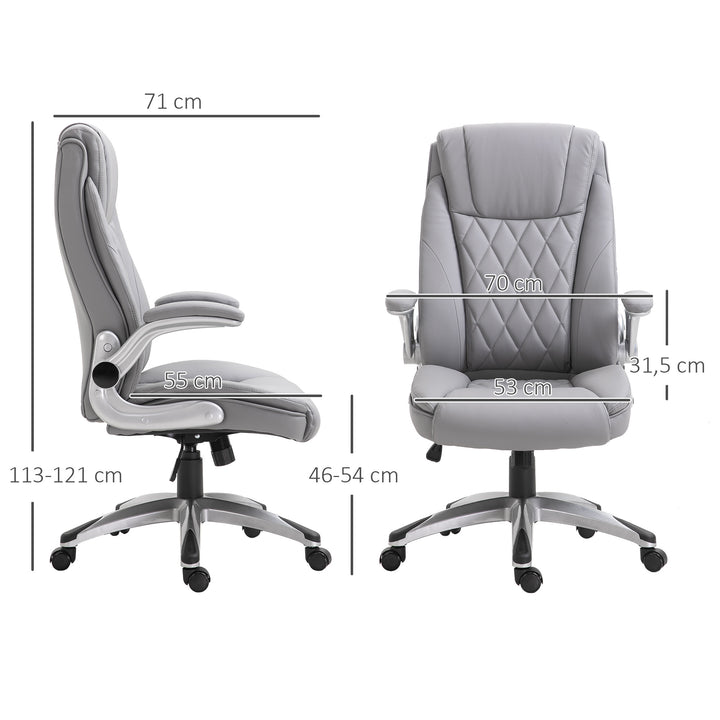 Kontorstol, ergonomisk drejestol, computerstol med vippefunktion, højdejusterbar med nakkestøtte og polstrede armlæn, kunstlæder, grå, 70 x 71 x 113–121 cm