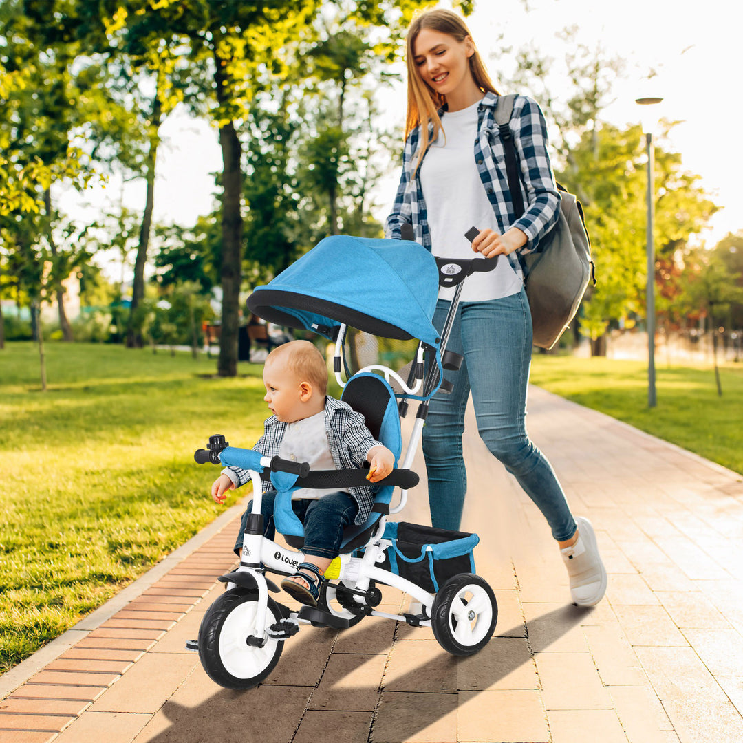 6-I-1 børnetrecykel med skubbehåndtag, kaleche, sele, opbevaringskurv, til 1-5 år, blå