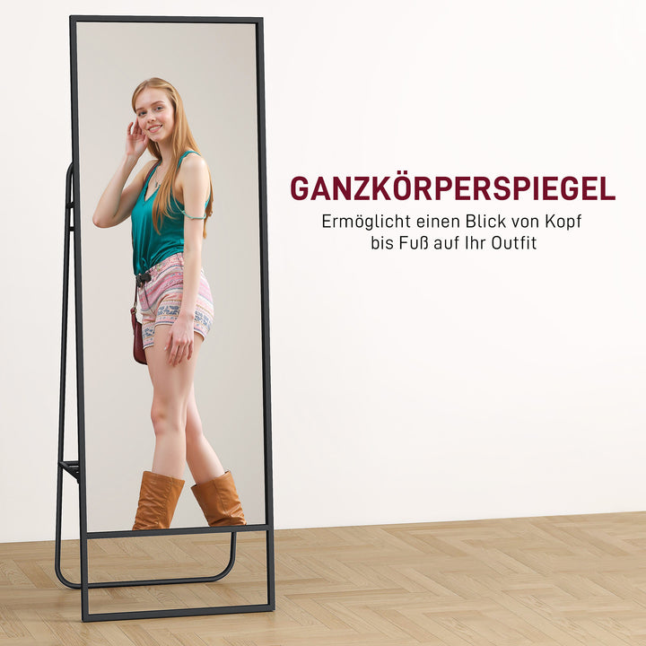 Helfigursspejl, industridesign, baghylde, 2 knager, metalramme, til soveværelse, 157 x 50 cm, sort