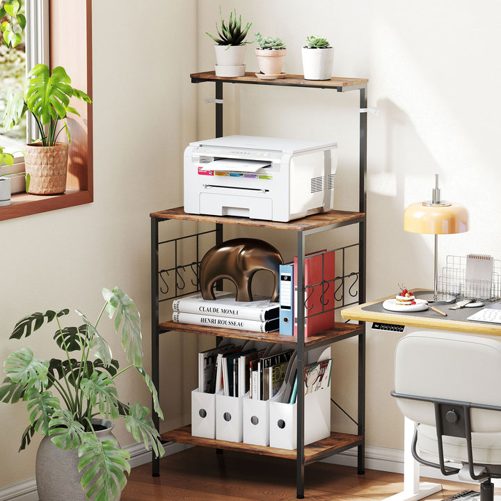 Køkkenhylde, 4-etagers design, bordplade, 8 kroge, metalrør, brun+sort