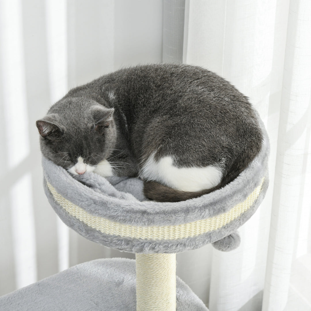 Kradsetræ til katte, sisalrebstolper, blødt plys, multi-level, boldlegetøj, grå, 59x35x100 cm