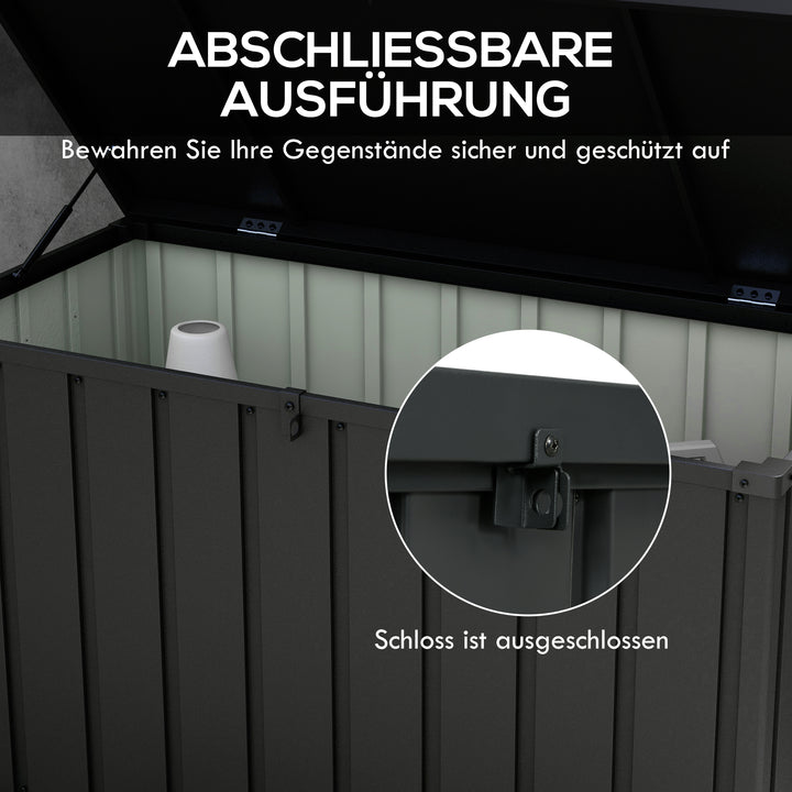 Opbevaringskasse, havekasse, 450L opbevaringsplads, 2 hjul, stålramme, 125x61x70 cm, mørkegrå