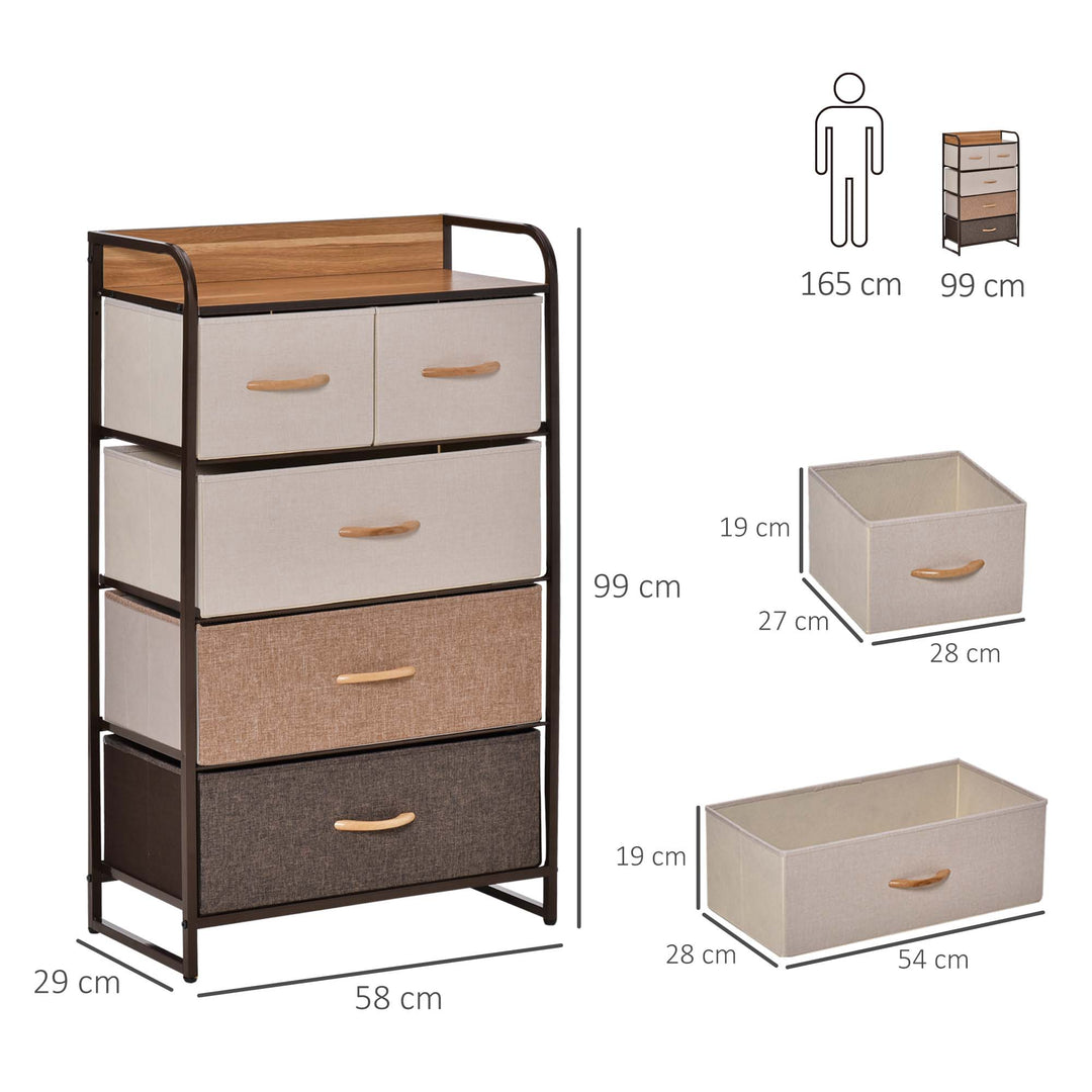 Kommode med 5 sammenklappelige stofskuffer, hylde, robust stålramme, 58 x 29 x 99 cm