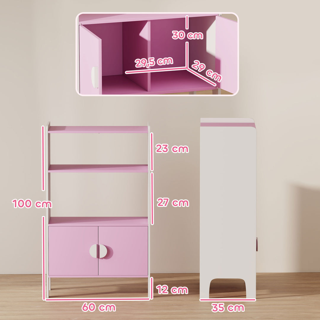 Børnebogreol, 2 hylder, 2 skabe, fritstående, anti-tip design, skridsikre ben, mdf, pink+hvid