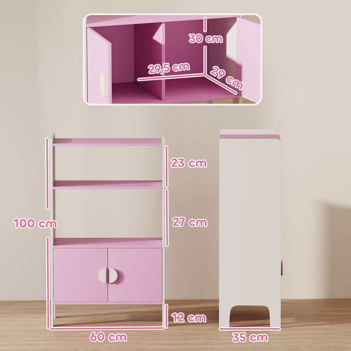 Børnebogreol, 2 hylder, 2 skabe, fritstående, anti-tip design, skridsikre ben, mdf, pink+hvid