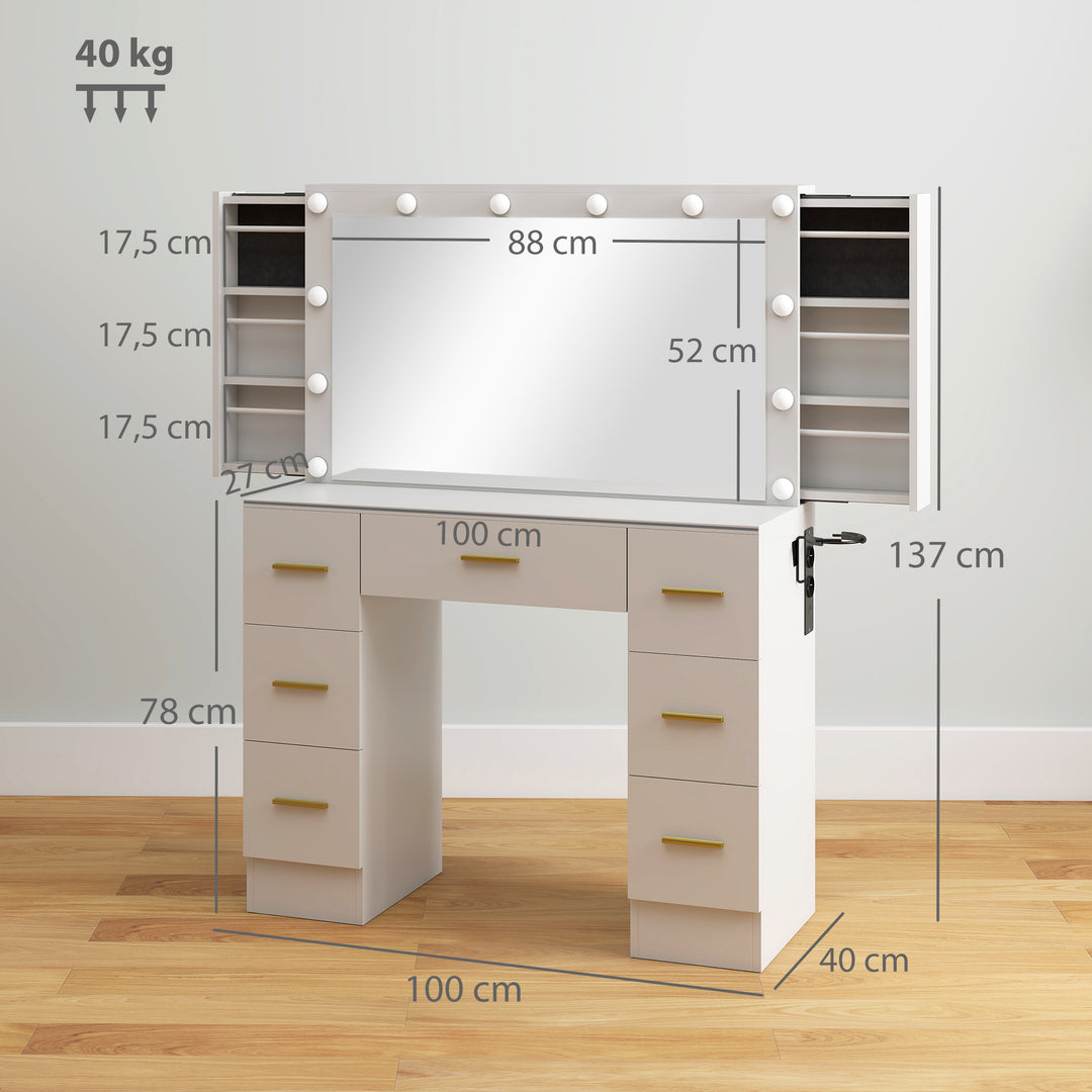 Toiletbord med spejl og 12 led-lys, sminkebord med 7 skuffer, 6 skjulte opbevaringsrum, spånplade, hvid