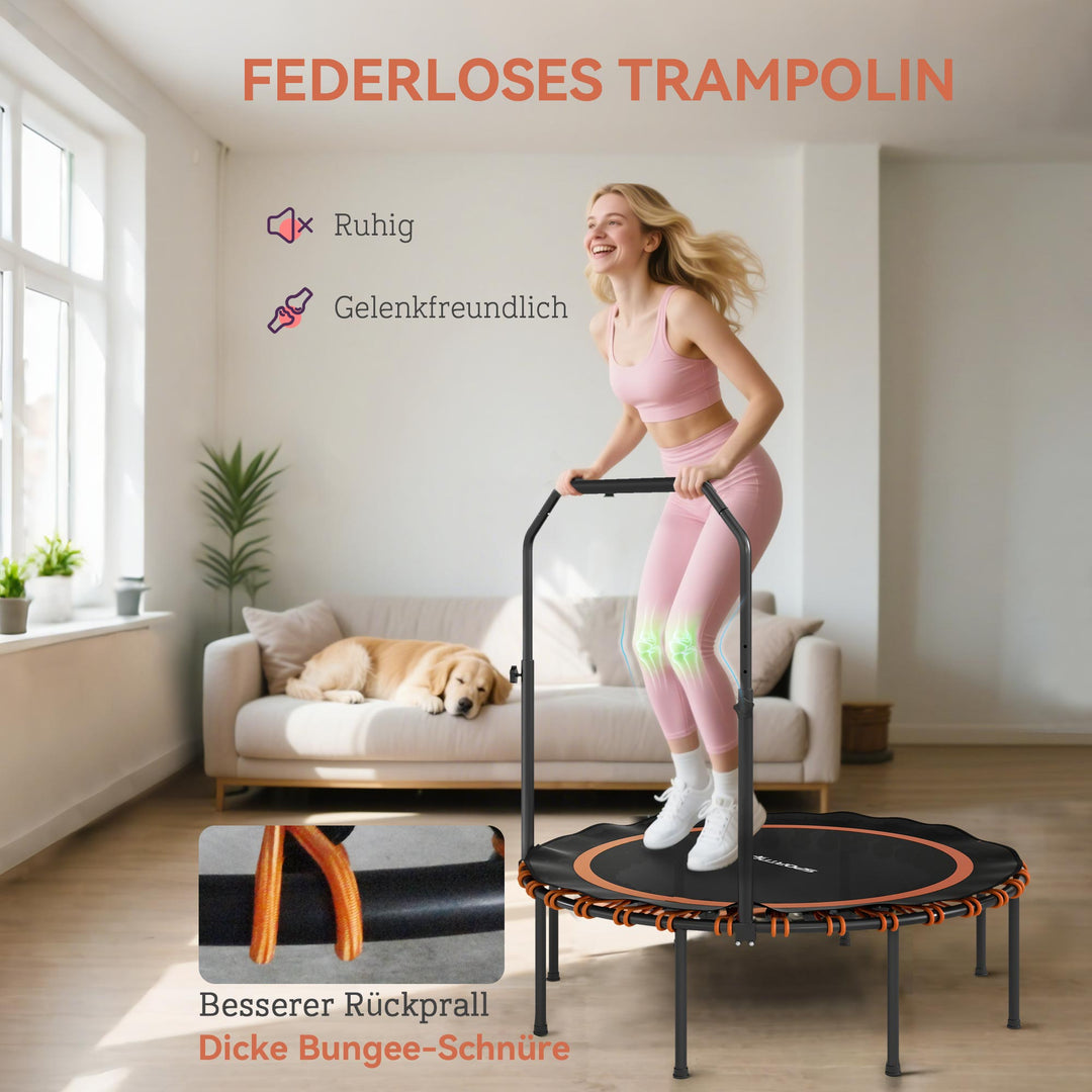 Fitnesstrampolin med justerbart gelænder, sportstrampolin til indendørs og udendørs brug, stål, plastik, orange