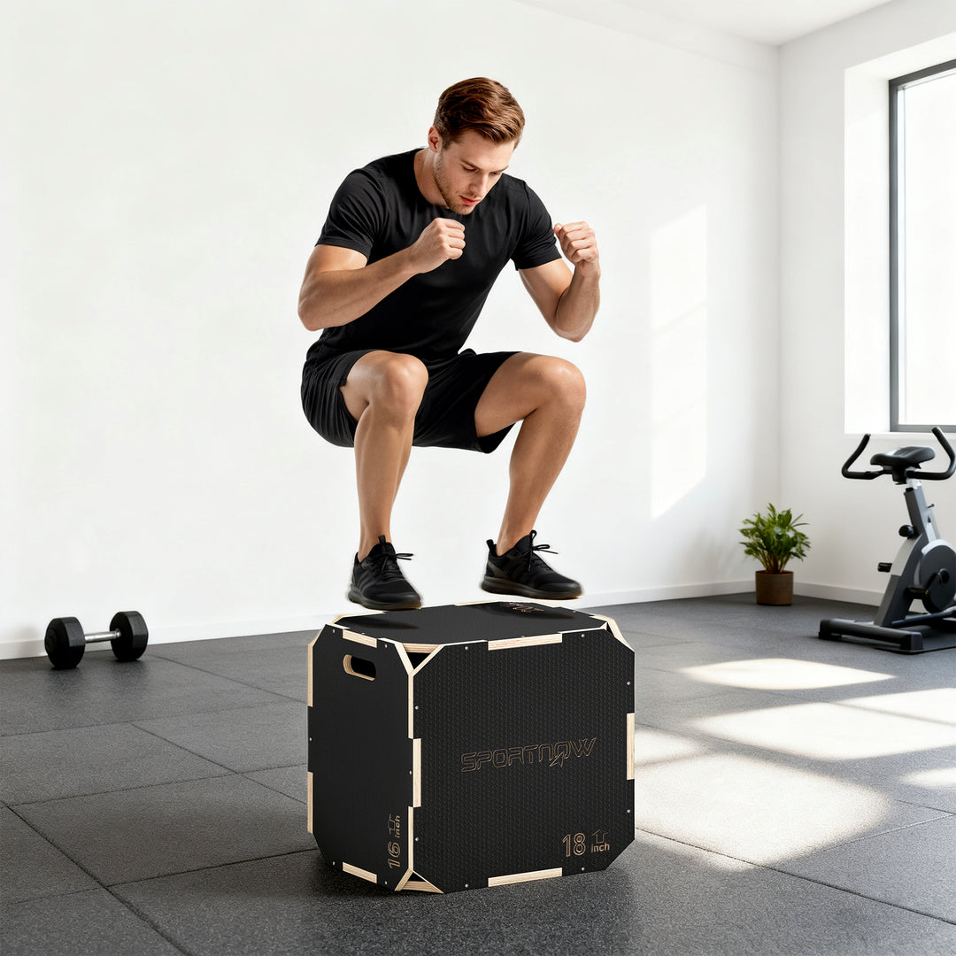3-i-1 Plyo Box, hoppeboks med håndtagsåbninger, til hjemmefitness og udendørs træning, 3 hoppehøjder, træ, sort
