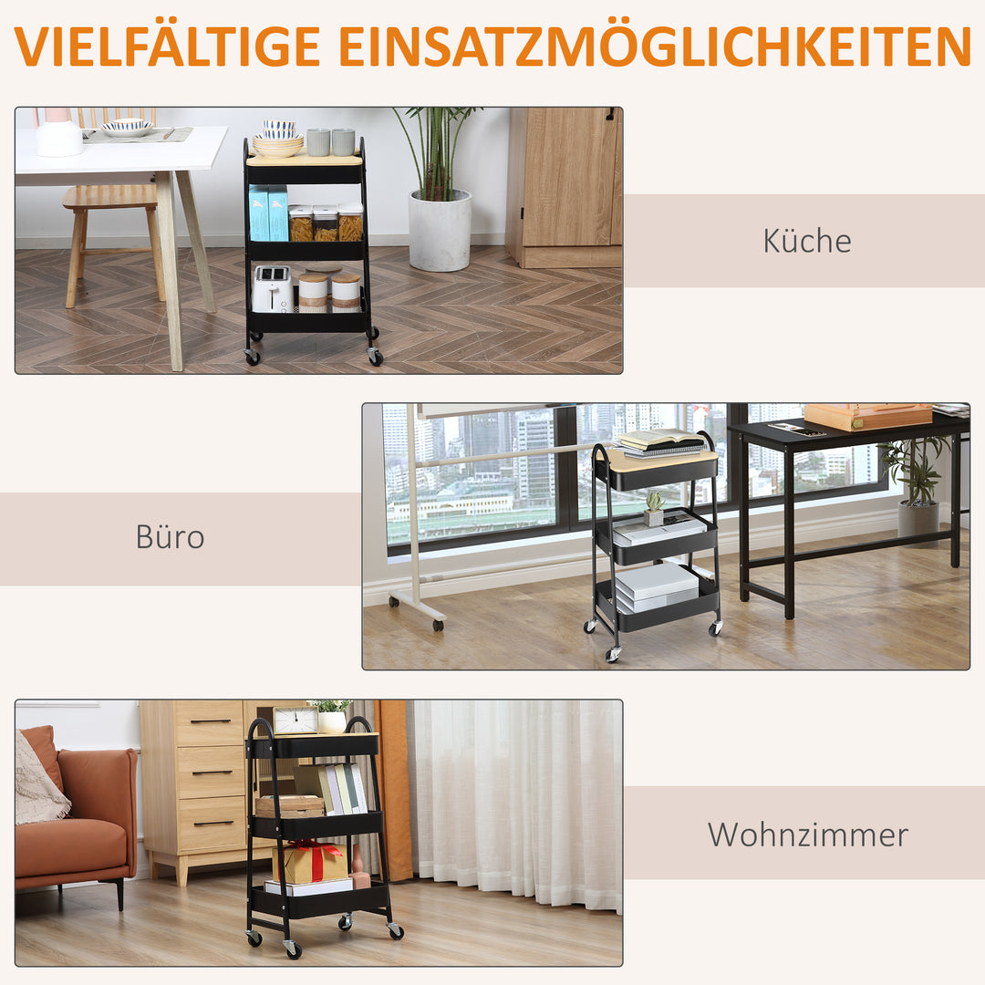 Trolley, serveringsvogn med 3 kurvehylder, metal, plastik, sort