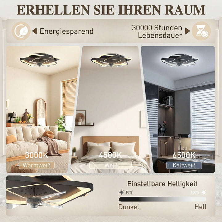 Loftventilator med lys og fjernbetjening, LED-loftventilator med 6 hastigheder, 3 farvetemperaturer