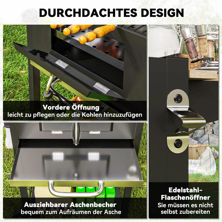 Kulgrill, højdejusterbar kulpande, grillvogn, hylder, termometer, flaskeåbner, stål, træ, sort