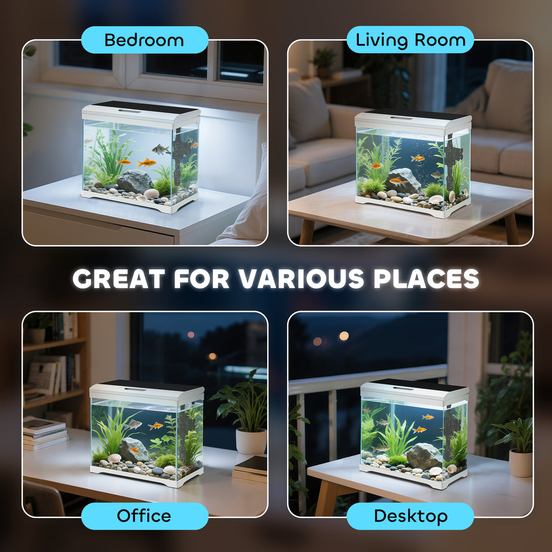 Akvarium, 17 l tropisk fisketank, nem vedligeholdelse, frit udsyn, med led-lys, 35l x 21b x 31h cm, hvid+sort