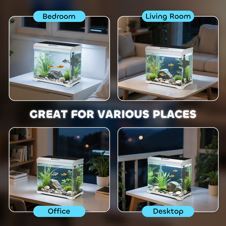 Akvarium, 17 l tropisk fisketank, nem vedligeholdelse, frit udsyn, med led-lys, 35l x 21b x 31h cm, hvid+sort