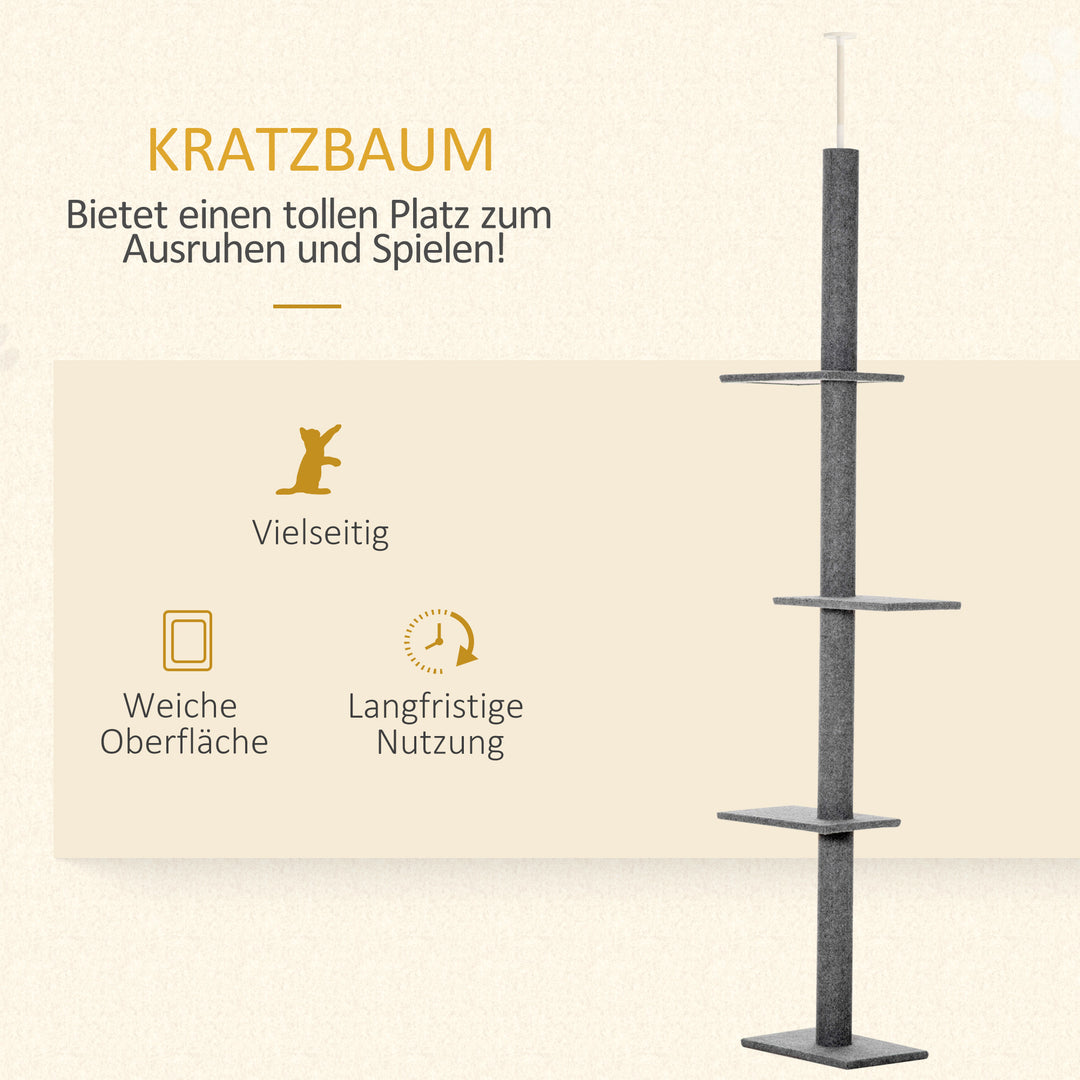 Kradsetræ lofthøjde, 228-260 cm højdejusterbart kradsetræ klatretræ til katte med 3 niveauer, kradsetræ til katte, legetræ fra gulv til loft grå