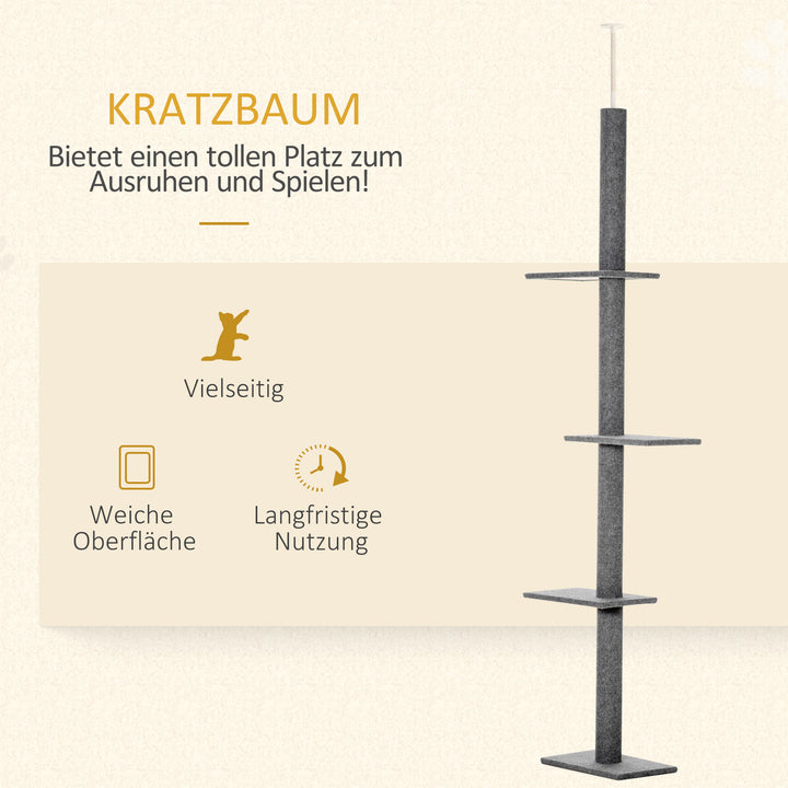 Kradsetræ lofthøjde, 228-260 cm højdejusterbart kradsetræ klatretræ til katte med 3 niveauer, kradsetræ til katte, legetræ fra gulv til loft grå