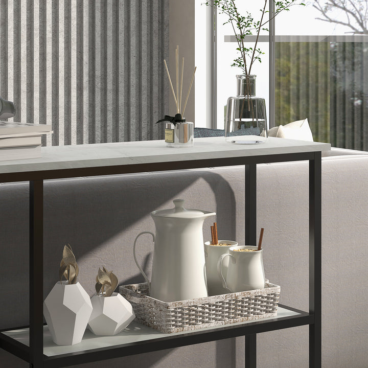 Konsolbord i industrielt design, 2 hylder, marmorlook, sort + hvid