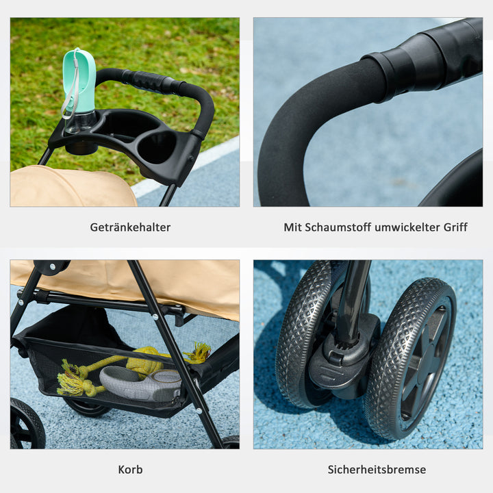 Hundeklapvogn, sammenklappelig, 2 sikkerhedsliner, 2 kopholdere, 67 x 45 x 96 cm, khaki