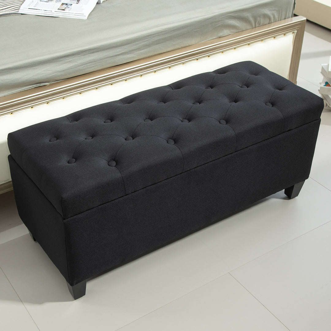 Opbevaringsbænk, kommodebænk, hørlignende polyester, gummitræ, sort, 100 x 40 x 44 cm