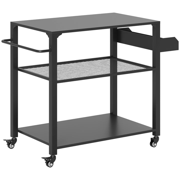 Udendørs køkkenø, grillvogn med opbevaringshylde, håndtag, 4 hjul, køkkenvogn, terrasse, have, metal, sort