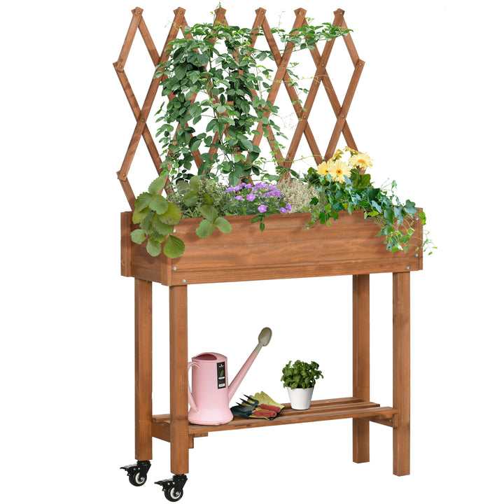 Højbed, integreret espalier, opbevaringshylde, hjul, massivt træ, brun, 79 x 29 x 130 cm