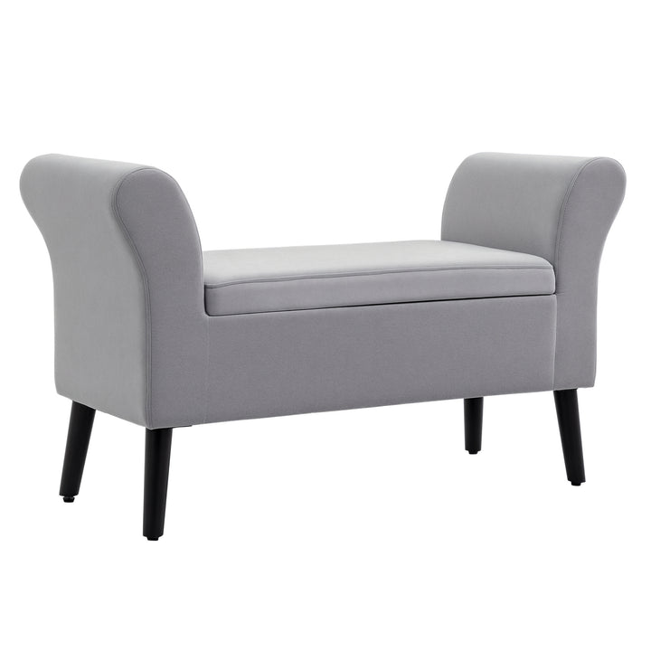 Polstret bænk med opbevaringsplads, kommodebænk med armlæn, 46 cm sædehøjde, fløjlspolyester, 111,5 x 41 x 65 cm, lysegrå