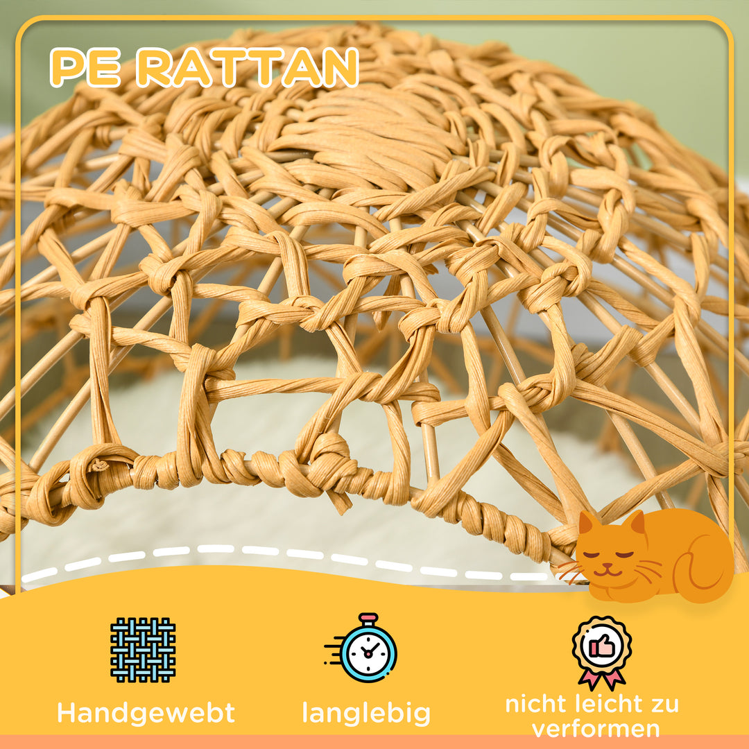 Rattan kattekurv kattehule kattehus katteseng med pude hævet design kæledyrsseng brun 45 x 57h cm