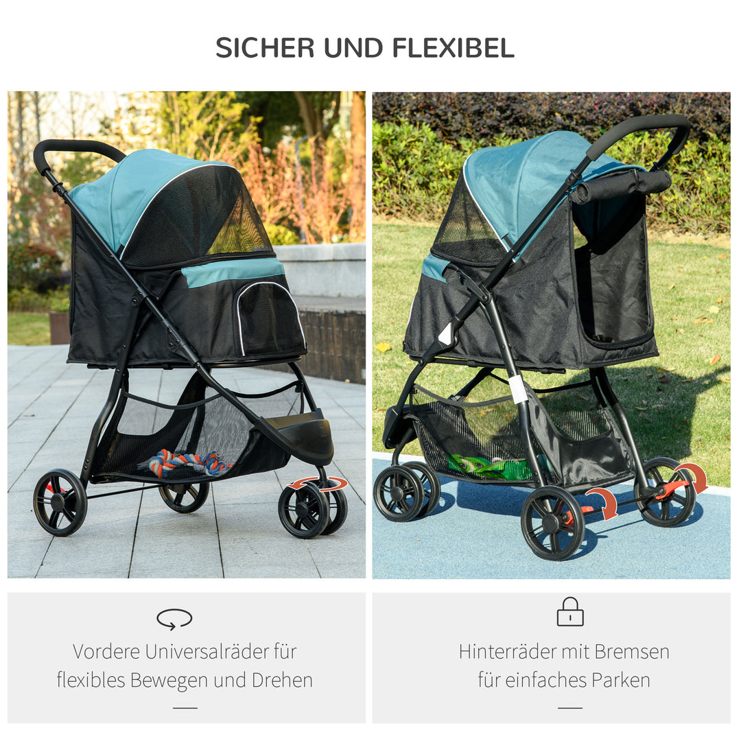 Kæledyrsklapvogn, hundeklapvogn op til 10 kg, foldbar, sikkerhedsline, håndtag, regnslag, opbevaringskurv, blå + sort