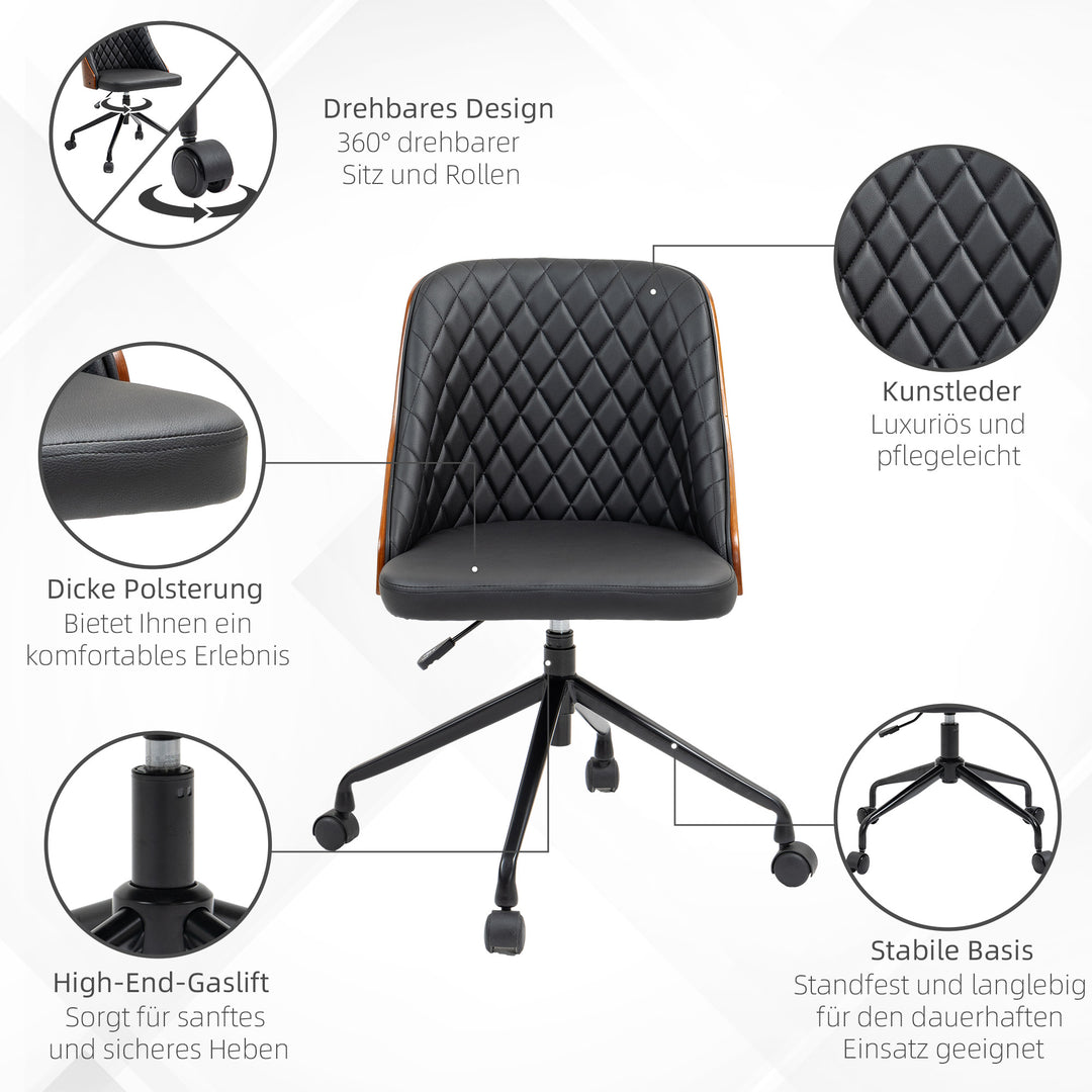 Kontorstol, skrivebordsstol, drejestol, hjemmekontorstol, højdejusterbar, ergonomisk, 360° drejelige hjul, pu-skum, sort, 48,5 x 54,5 x 81-87 cm