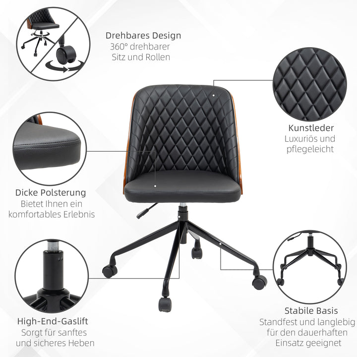 Kontorstol, skrivebordsstol, drejestol, hjemmekontorstol, højdejusterbar, ergonomisk, 360° drejelige hjul, pu-skum, sort, 48,5 x 54,5 x 81-87 cm