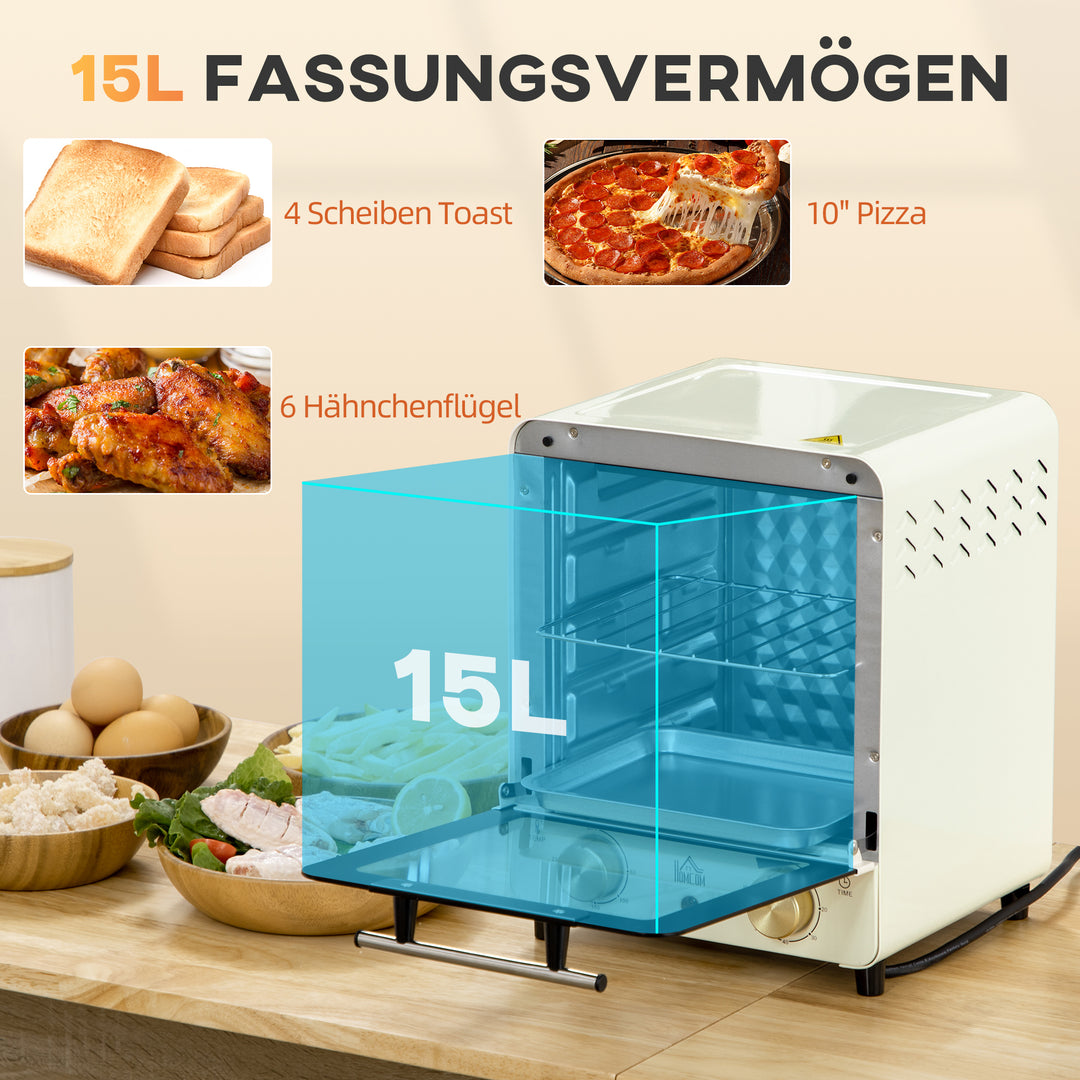 Miniovn 15l kapacitet, højdejusterbar bageplade og rist, 1000w, cremehvid
