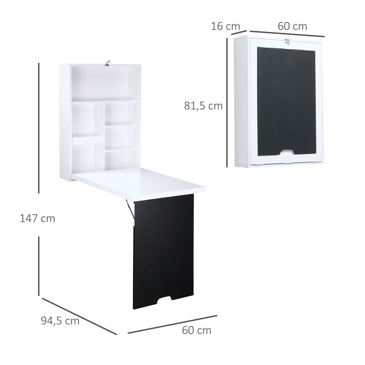 Vægbord, foldbar bordplade, 5 rum, 60x94,5x147cm, sort/hvid