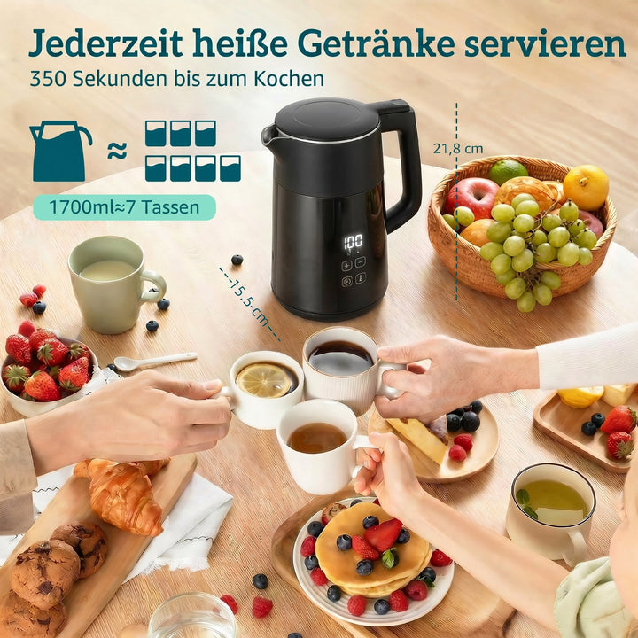 Elkedel, 1,7L, hurtigkogende, 2200W, med LED-display, varmholdningsfunktion, tørkogningsbeskyttelse, PTFE-fri